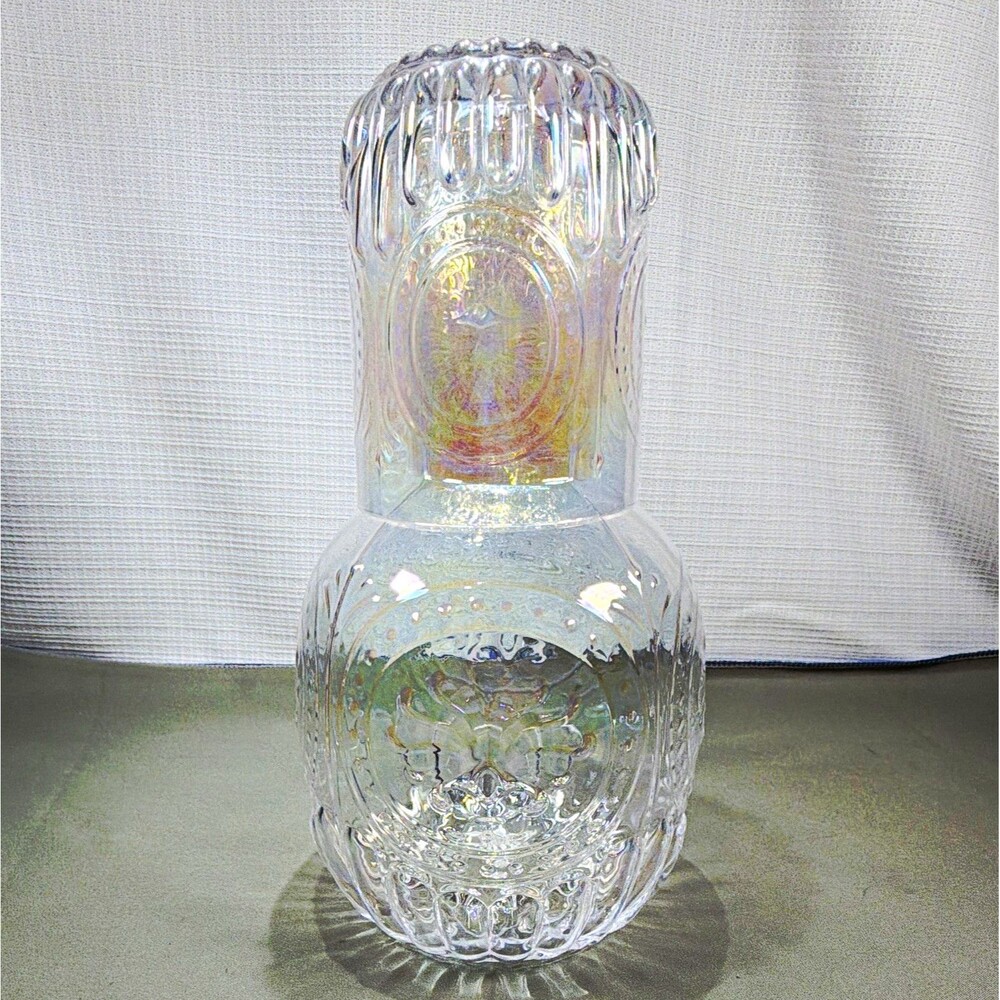 Vintage Iridescent Glass Bedside Water Carafe & Tumbler Tumble Up Set Clear